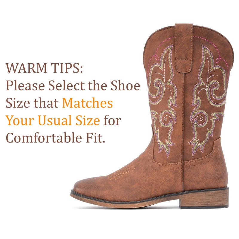 IUV Cowboy Boots For Women Square Toe Wide Western Boots Mid Calf Cowgirl Boots Pull On Fashion Embroidered Cowboy Boots - Image 4