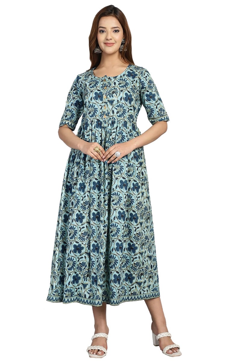 Rajnandini Women A-Line Midi Pure Cotton Jaipuri Printed Gown (JOPLJPR138-XXL_Sea Green_XXL) - Image 1