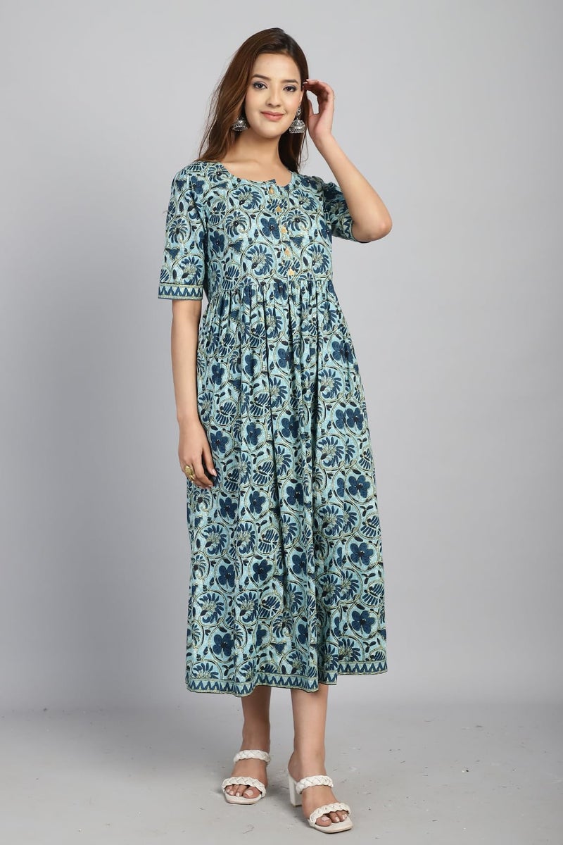 Rajnandini Women A-Line Midi Pure Cotton Jaipuri Printed Gown (JOPLJPR138-XXL_Sea Green_XXL) - Image 3