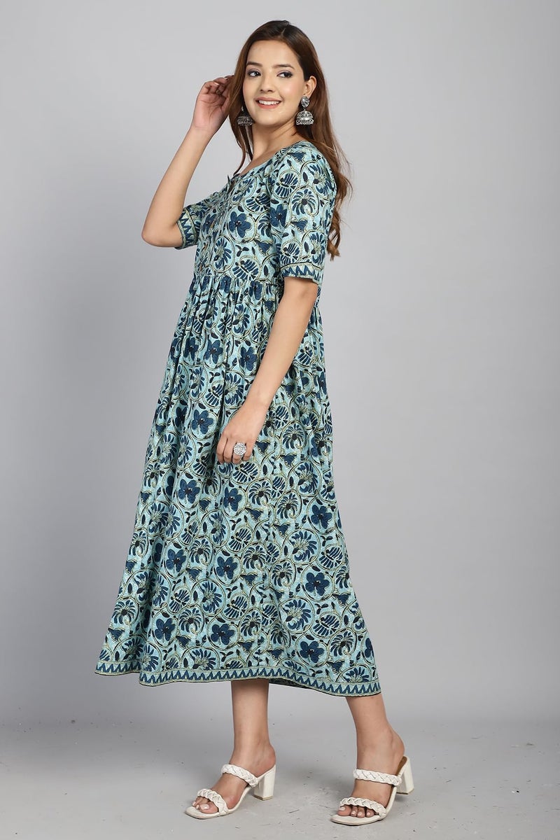 Rajnandini Women A-Line Midi Pure Cotton Jaipuri Printed Gown (JOPLJPR138-XXL_Sea Green_XXL) - Image 4