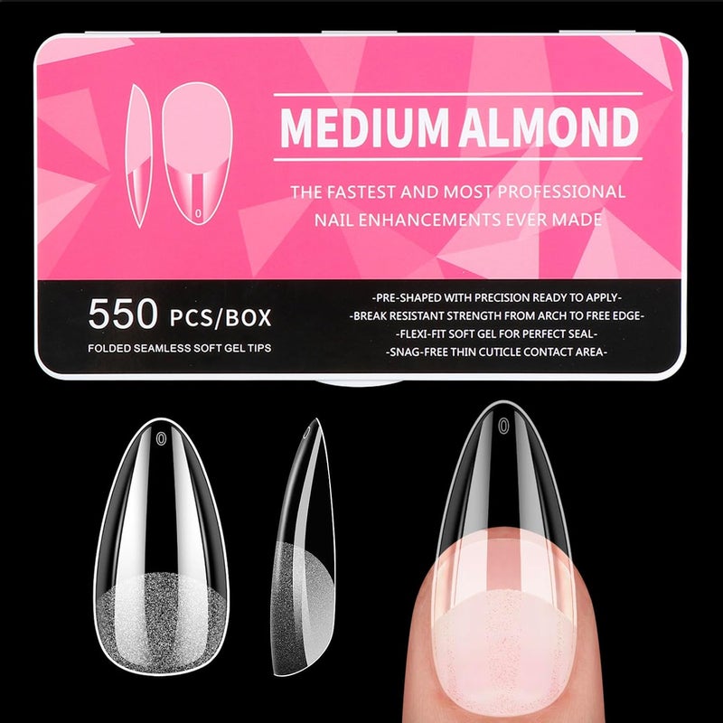 Diboniur Medium Almond Nail Tips 550Pcs Soft Gel 11 Sizes Full Cover Clear for Nail Technicians Beginners and Art Salons Extensions