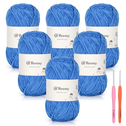 Reessy Skinny Chenille Yarn for Crocheting - 6 Pack of 50g/158yd (948yd Total) - Soft Matte Thin Chenille CYC #2 - Fine Weight Baby Yarn for Plush Toys, Baby Blankets & Small Crafts(Navy Blue) - Image 1
