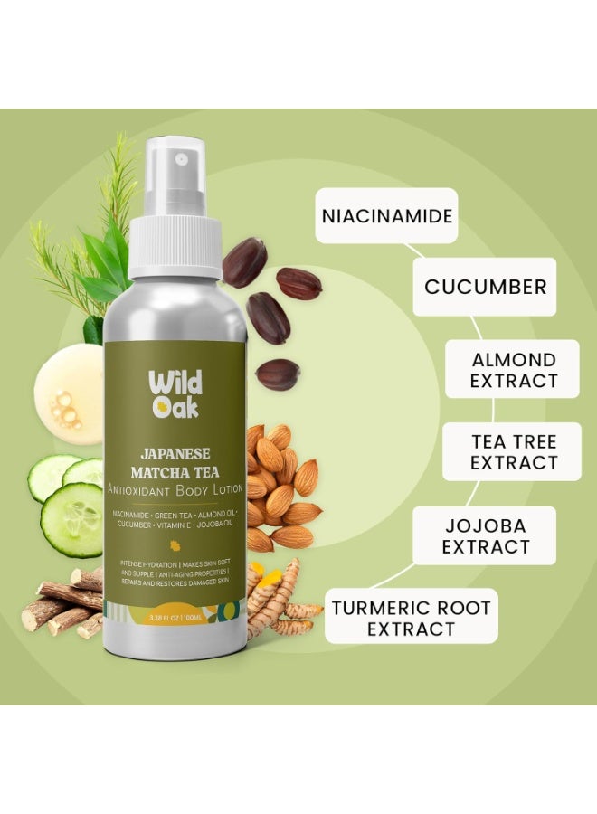 Wild Oak Japanese Matcha Tea Antioxidant Body Lotion | 5X Vitamin E, Niacinamide, Matcha, Jojoba & Almond Oil | Intense Hydration & Skin Repair | Softens, Nourishes & Locks in Moisture | Non-Greasy | 100ml - Image 2