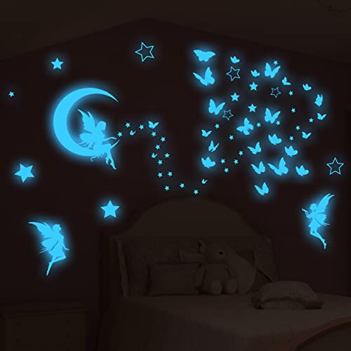 Fantasy Fairy Wall Decal Sticker Glow in The Dark Girl Bedroom Moon Butterfly Luminous Decoration Peel and Stick Star Decor for Ceiling