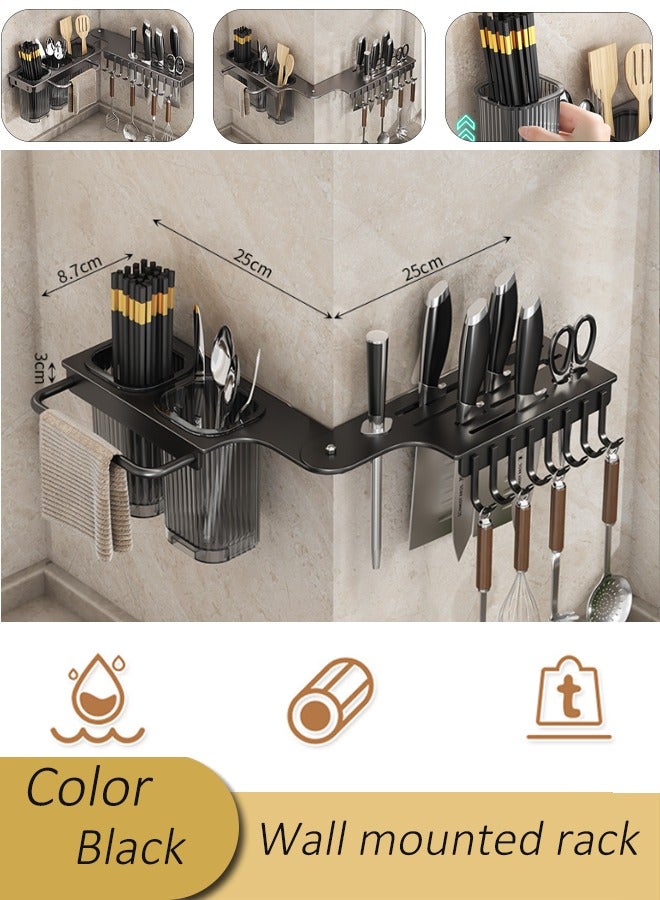 Kitchen corner folding rack, kitchen household storage rack, wall-mounted multifunctional knife rack, chopstick tube knife integrated storage rack, multifunctional punch-free chopstick cage 90 degree rotation (black)  - Image 1