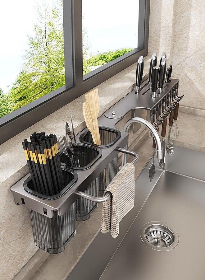 Kitchen corner folding rack, kitchen household storage rack, wall-mounted multifunctional knife rack, chopstick tube knife integrated storage rack, multifunctional punch-free chopstick cage 90 degree rotation (black)  - Image 3