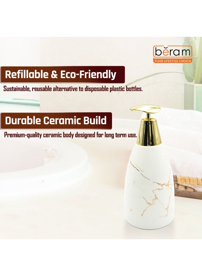 بيرام موزع صابون Beram Marble – مضخة سيراميكية متعددة الاستخدام لتوزيع صابون اليدين، اللوشن، المعقم أو الشامبو | مظهر رخامي أبيض لامع وذهبي للحمام (رأس مسطح ذهبي وأبيض) - Image 2