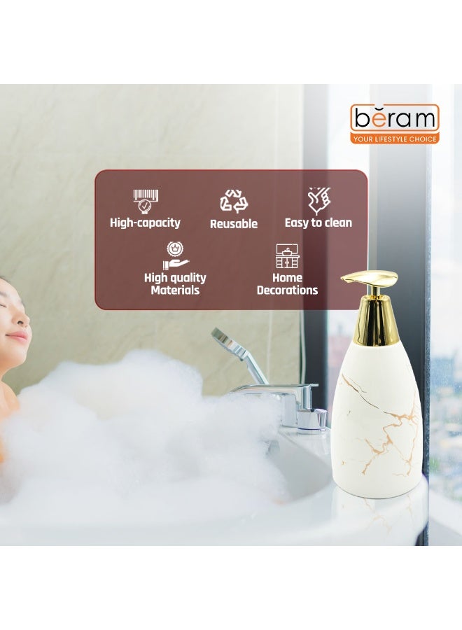 بيرام موزع صابون Beram Marble – مضخة سيراميكية متعددة الاستخدام لتوزيع صابون اليدين، اللوشن، المعقم أو الشامبو | مظهر رخامي أبيض لامع وذهبي للحمام (رأس مسطح ذهبي وأبيض) - Image 3
