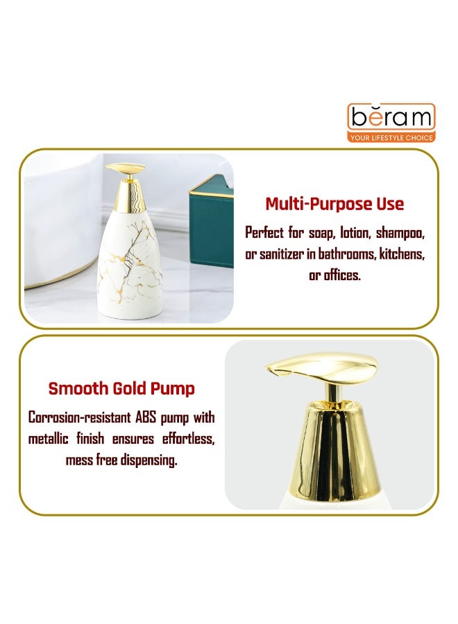 بيرام موزع صابون Beram Marble – مضخة سيراميكية متعددة الاستخدام لتوزيع صابون اليدين، اللوشن، المعقم أو الشامبو | مظهر رخامي أبيض لامع وذهبي للحمام (رأس مسطح ذهبي وأبيض) - Image 5