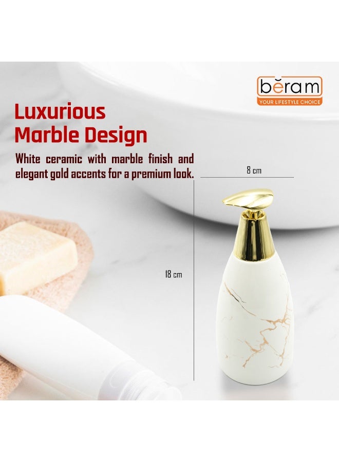 بيرام موزع صابون Beram Marble – مضخة سيراميكية متعددة الاستخدام لتوزيع صابون اليدين، اللوشن، المعقم أو الشامبو | مظهر رخامي أبيض لامع وذهبي للحمام (رأس مسطح ذهبي وأبيض) - Image 4