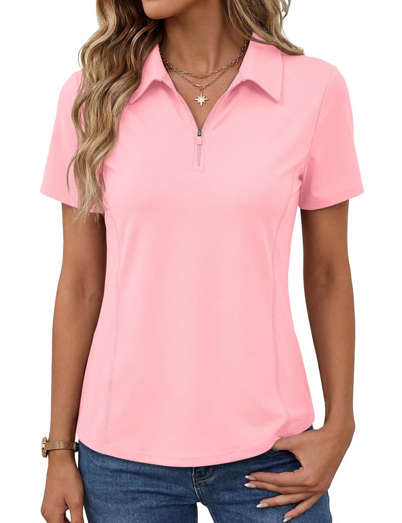 LOMON Women's Polo Shirts Short Sleeve Quick Dry UPF 50+ Sun Protection Business Casual Collared Shirt Tennis Golf Shirt Work Tops (Pink XL) - Image 1