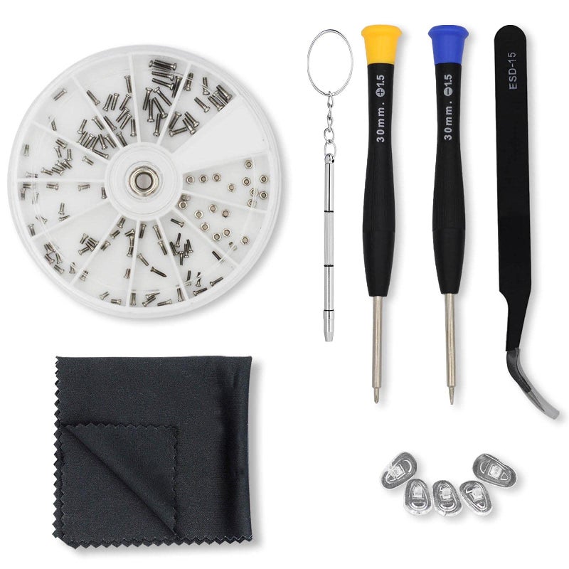 Eyeglass Repair Kit Anti Slip Nose Pads Glasses Set with Tiny Screws Nuts Tweezers 2 Kinds Universal Screwdrivers Precision Tool for Repairing Eye Glass Sunglass Jewelry Watch