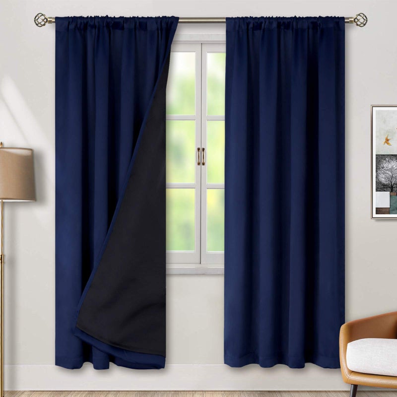 BGment Thermal Insulated 100 Blackout Curtains for Bedroom with Black Liner Double Layer Full Room Darkening Noise Reducing Rod Pocket Curtain 42 x 84 Inch Navy Blue 2 Panels