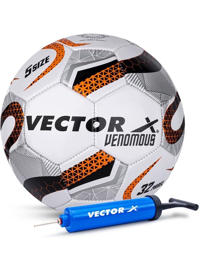 Vector X Venomous Machine Stitched Football – Durable Soccer Ball with Pump for Training & Match Play | Size 5 | White-Orange - Image 1