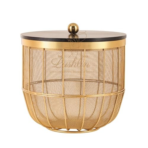 LUSHLIN Fruit Basket | Insect-Resistant Metal Fruit Basket with Solid Wooden Lid Gold Mesh Storage Container for Fresh Fruits & Vegetables | Stylish Jaali Design for Kitchen & Dining Décor (22L×24 W) - Image 3