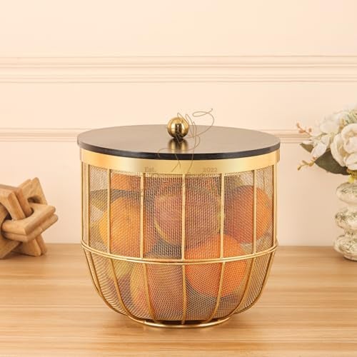 LUSHLIN Fruit Basket | Insect-Resistant Metal Fruit Basket with Solid Wooden Lid Gold Mesh Storage Container for Fresh Fruits & Vegetables | Stylish Jaali Design for Kitchen & Dining Décor (22L×24 W) - Image 1