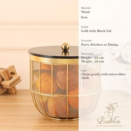 LUSHLIN Fruit Basket | Insect-Resistant Metal Fruit Basket with Solid Wooden Lid Gold Mesh Storage Container for Fresh Fruits & Vegetables | Stylish Jaali Design for Kitchen & Dining Décor (22L×24 W) - Image 4