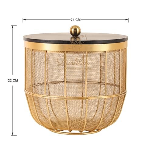 LUSHLIN Fruit Basket | Insect-Resistant Metal Fruit Basket with Solid Wooden Lid Gold Mesh Storage Container for Fresh Fruits & Vegetables | Stylish Jaali Design for Kitchen & Dining Décor (22L×24 W) - Image 5