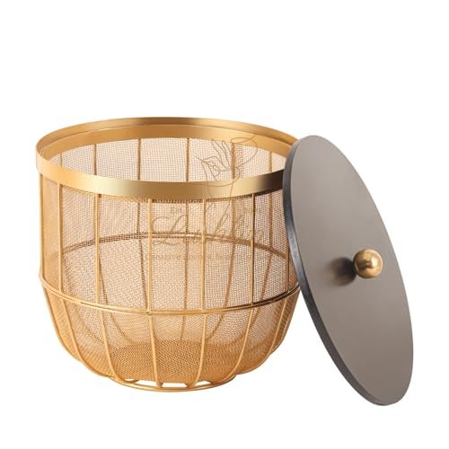 LUSHLIN Fruit Basket | Insect-Resistant Metal Fruit Basket with Solid Wooden Lid Gold Mesh Storage Container for Fresh Fruits & Vegetables | Stylish Jaali Design for Kitchen & Dining Décor (22L×24 W) - Image 2