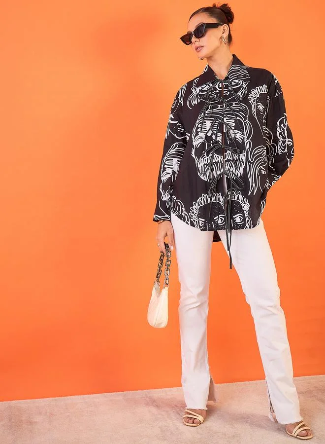 Uptownie Black Face Print Front Tie-Up Longline Shirt
