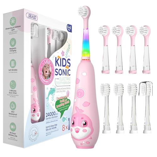 SEAGO Kids Electric Toothbrushes Rechargeable Toddler Electric Toothbrush with Magnetic Charging LED Observing Light 8 Toothbrush Heads for Ages 246 Boys Girls Pink - Image 2