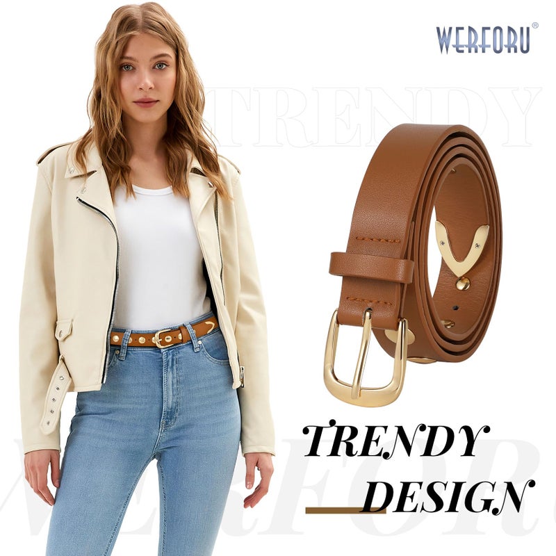 WERFORU Women Fashion Leather Belt Studded Leather Belt Ladies Belts for Jeans Dress Punk Belt,(Brown,31"-35" Waist Adjustable) - Image 2