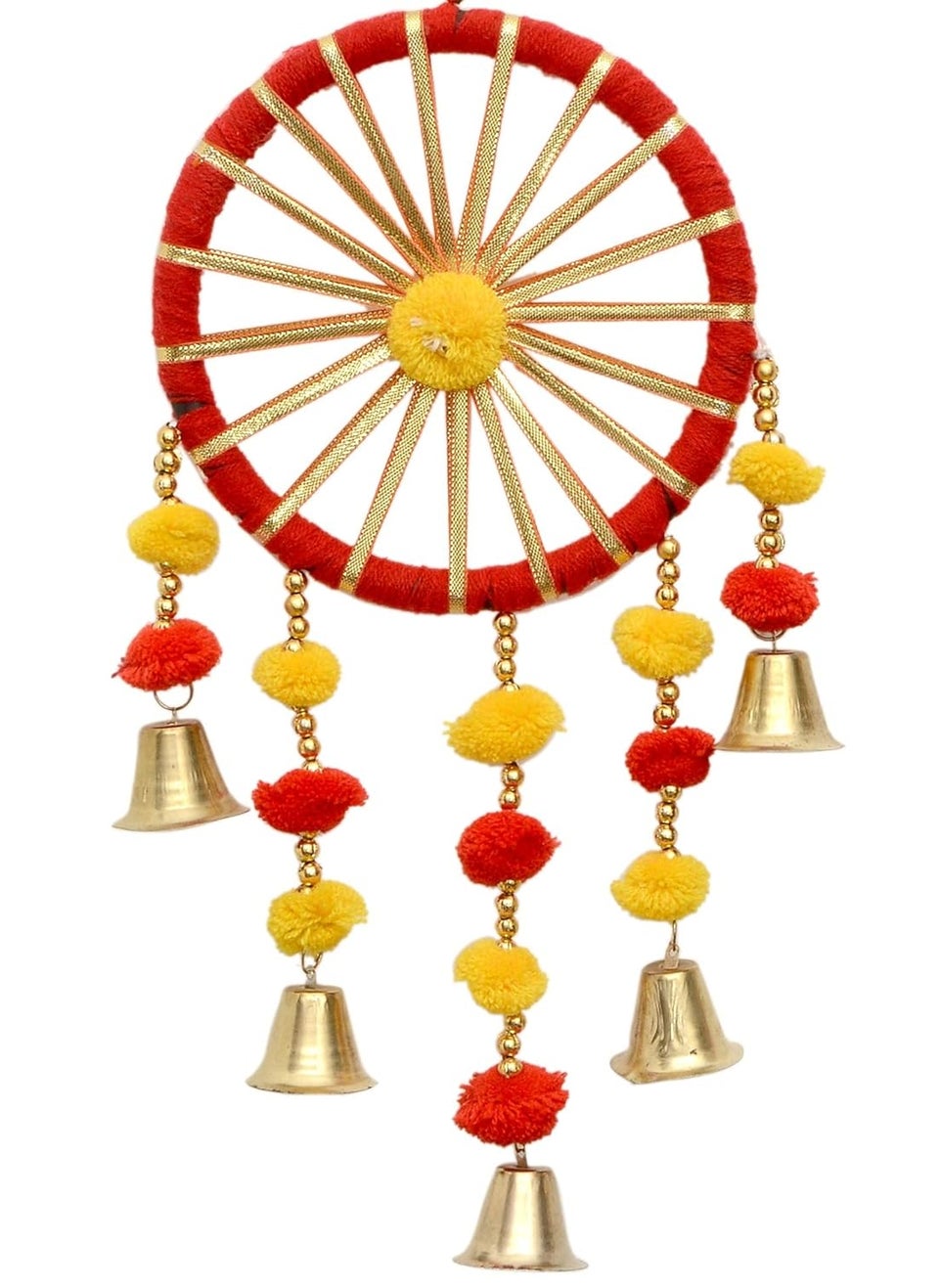 DHANAK Dhanak Large Rajasthani Handcrafted DoorWallHanging Dream Catcher Latkan Toran for HomeOfficeBoutique_Pompoms Bells Gota_Multicolor_48x18cm 2  - Image 3