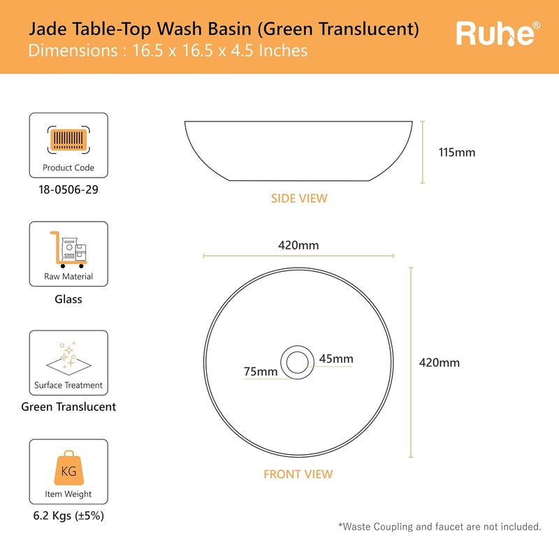 Ruhe Jade Glass Green Translucent Round Tabletop Wash Basin Vessel Sink for Bathroom Vanity Stylish Durable Countertop Installation - Image 2