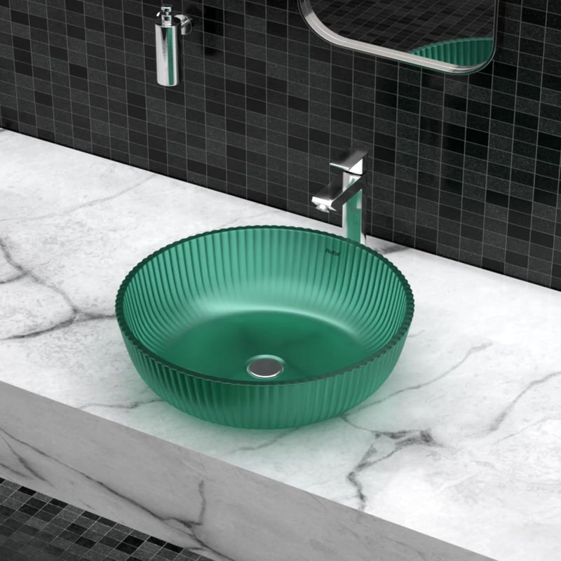 Ruhe Jade Glass Green Translucent Round Tabletop Wash Basin Vessel Sink for Bathroom Vanity Stylish Durable Countertop Installation - Image 1
