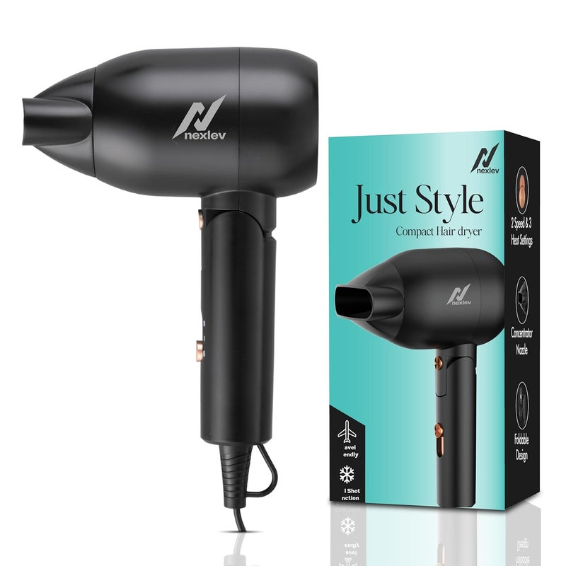 nexlev Hair Dryer For Women| Foldable| 1500 Watts| Cool Shot| 3 Heat & 2 Speed Settings| Overheat Protection| Concentrator Nozzle| Salon-Style Blow Dry| Just Style (Hd-02 Women), Black & Copper - Image 1
