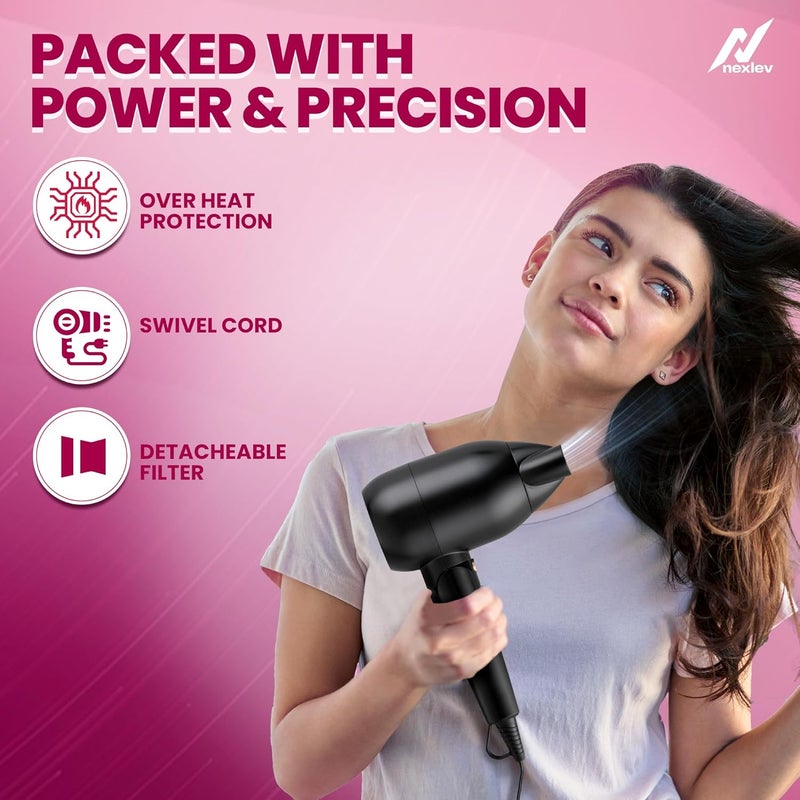 nexlev Hair Dryer For Women| Foldable| 1500 Watts| Cool Shot| 3 Heat & 2 Speed Settings| Overheat Protection| Concentrator Nozzle| Salon-Style Blow Dry| Just Style (Hd-02 Women), Black & Copper - Image 5