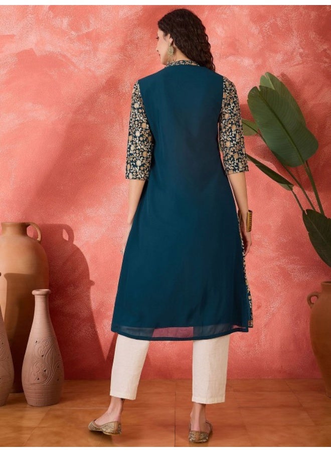 AKS Navy Blue Gold Thread Embroidered Kurta  - Image 4