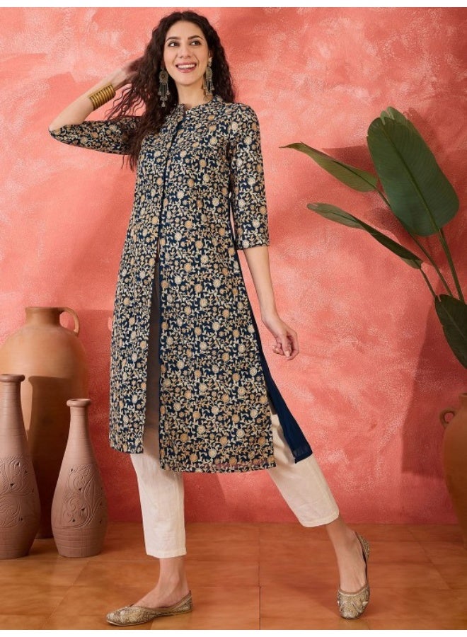 AKS Navy Blue Gold Thread Embroidered Kurta  - Image 3