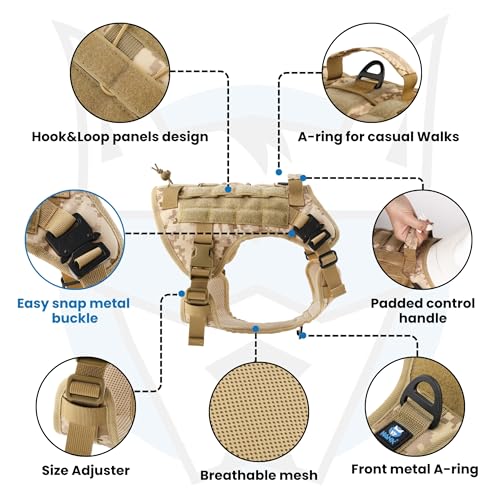 HANK Tactical Dog Harness - No Pull Heavy Duty - Military Standard Fabric - 2 Front Metal Buckles - Dog Belt for Training - Walking - Adventure (Camouflage, M - Harness) - Image 2