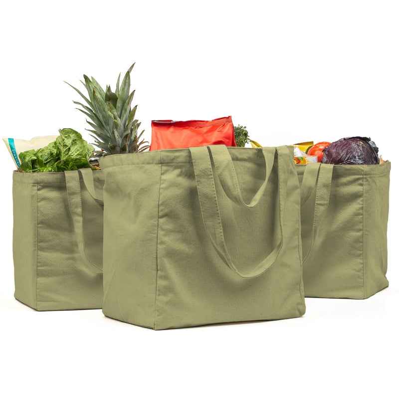 VeraMia Canvas Grocery Bag 3pc Jumbo Set with Real Pockets, Long Shoulder Strap and Short Handle. Reusable Shopping Bags for Groceries Heavy Duty, Foldable, Washable, Grocery Tote Bag (Avocado Green) - Image 1