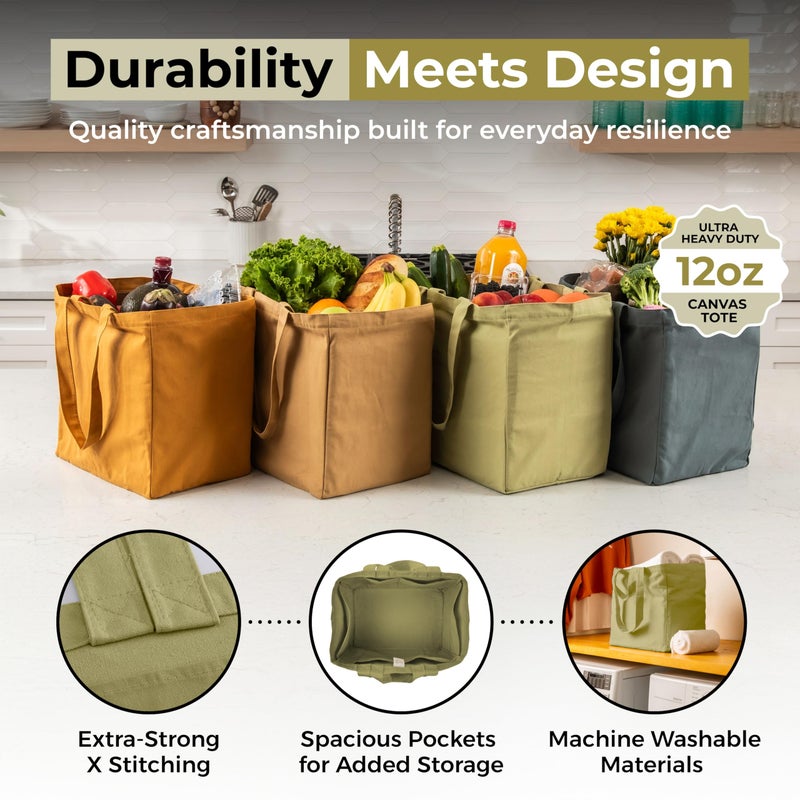 VeraMia Canvas Grocery Bag 3pc Jumbo Set with Real Pockets, Long Shoulder Strap and Short Handle. Reusable Shopping Bags for Groceries Heavy Duty, Foldable, Washable, Grocery Tote Bag (Avocado Green) - Image 4