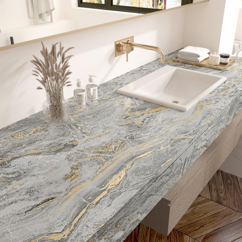 Wallercity GoldGrey Marble Contact Paper Matte Peel and Stick Countertops Wallpaper Waterproof Self Adhesive Marble Wallpapers for Cabinets and Drawers Kitchen Bathroom Vinyl Film 158x787 Inch