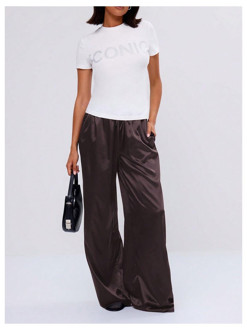 MakeMeChic Women's Summer Satin Silk Pants Casual Flowy Pants Beach Vacation Wide Leg Pants Chocolate Brown Small - Image 5