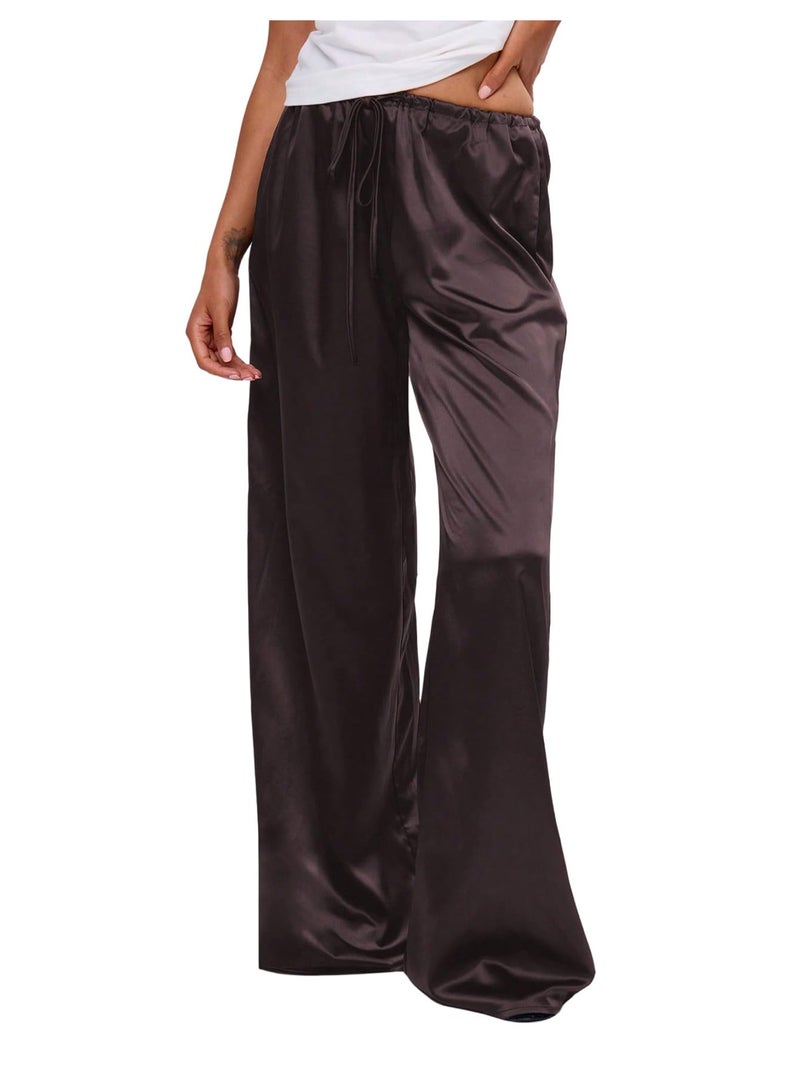 MakeMeChic Women's Summer Satin Silk Pants Casual Flowy Pants Beach Vacation Wide Leg Pants Chocolate Brown Small - Image 1
