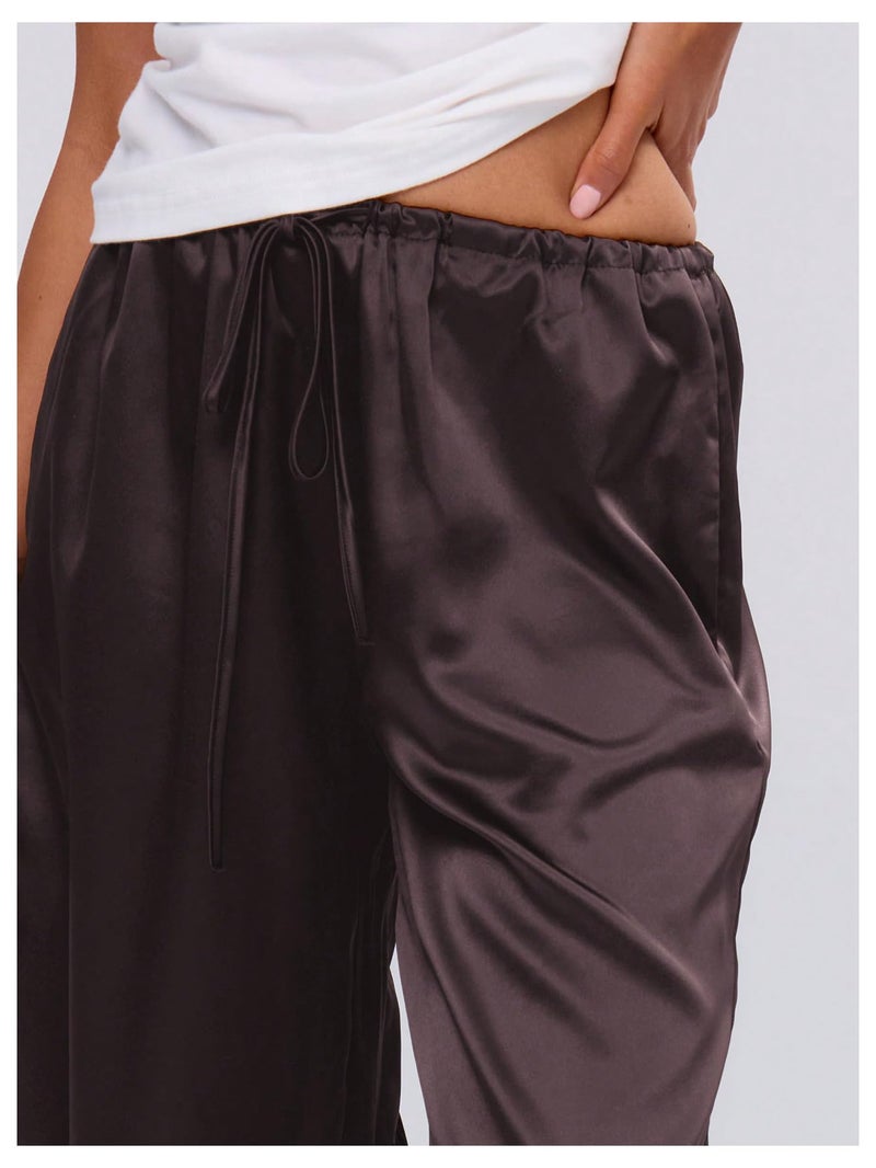 MakeMeChic Women's Summer Satin Silk Pants Casual Flowy Pants Beach Vacation Wide Leg Pants Chocolate Brown Small - Image 4