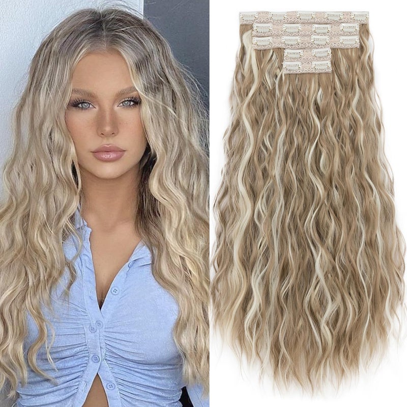 S-noilite 24" Clip in Hair Extensions 5PCS Loose Waves Wavy Hair Extensions Synthetic Thick Natural Hairpieces Double Weft Blonde with Highlights Hair Extensions Clip Ins for Women Full Head,#16P613