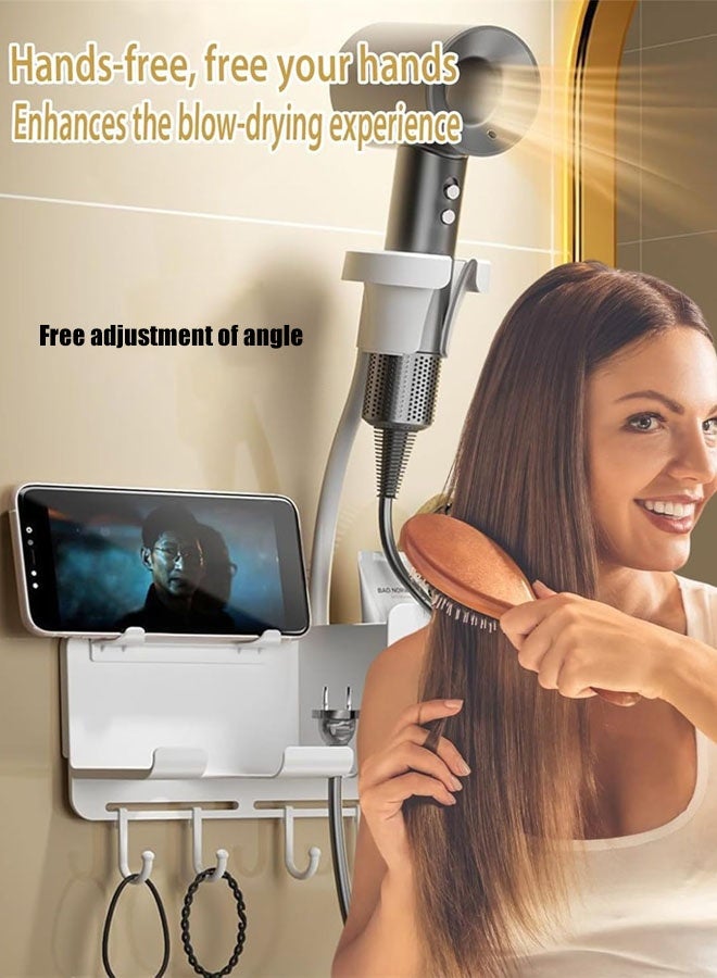Hanayo Hair Dryer Holder Multifunctional Hair Dryer Stand Wall Mounted Aluminum Hair Dryer Holder with Storage Holder Hair Tool Organizer for Bathroom Hairdressing(White) - Image 4