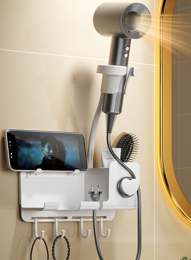 Hanayo Hair Dryer Holder Multifunctional Hair Dryer Stand Wall Mounted Aluminum Hair Dryer Holder with Storage Holder Hair Tool Organizer for Bathroom Hairdressing(White) - Image 3