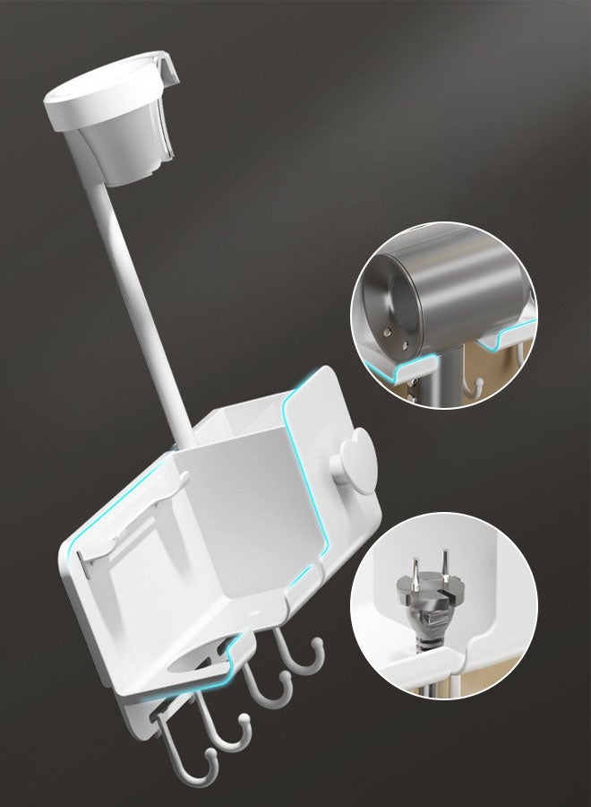 Hanayo Hair Dryer Holder Multifunctional Hair Dryer Stand Wall Mounted Aluminum Hair Dryer Holder with Storage Holder Hair Tool Organizer for Bathroom Hairdressing(White) - Image 5