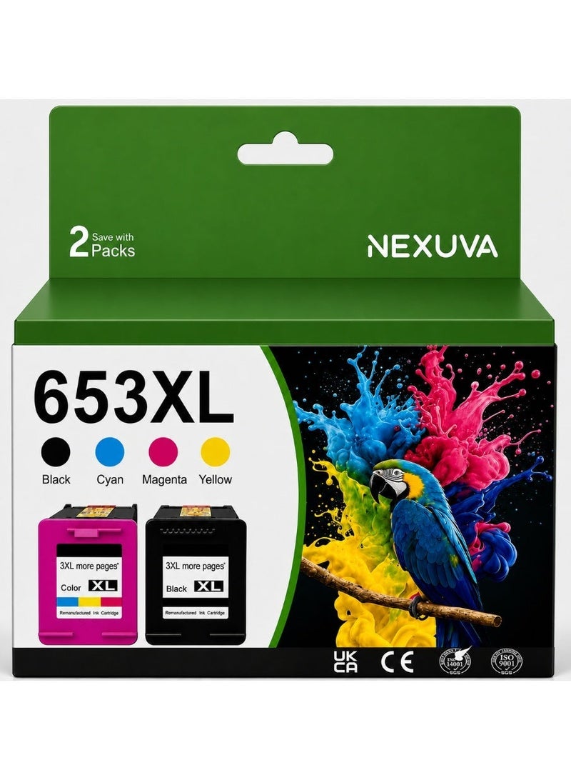 نيكسوفا خراطيش حبر NEXUVA متوافقة HP 653XL (أسود + ثلاثي الألوان، عبوة من قطعتين) متوافقة مع طابعات HP DeskJet Ink Advantage 6075 و6475 و6078 و6478 و6020 و6030 و6070 و6400 - Image 1
