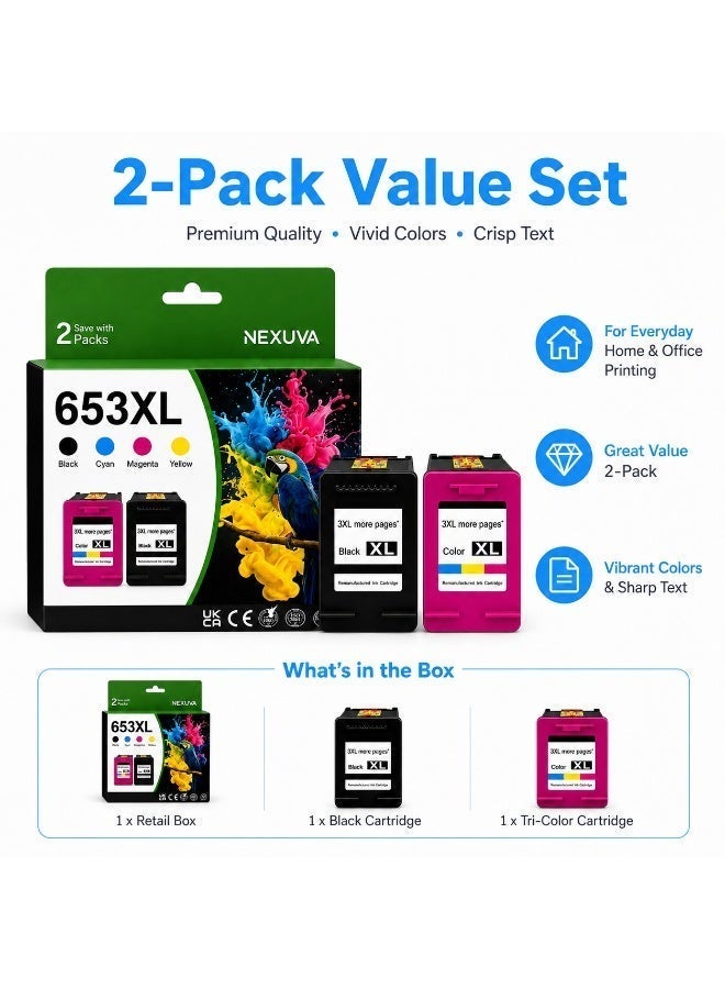 نيكسوفا خراطيش حبر NEXUVA متوافقة HP 653XL (أسود + ثلاثي الألوان، عبوة من قطعتين) متوافقة مع طابعات HP DeskJet Ink Advantage 6075 و6475 و6078 و6478 و6020 و6030 و6070 و6400 - Image 3