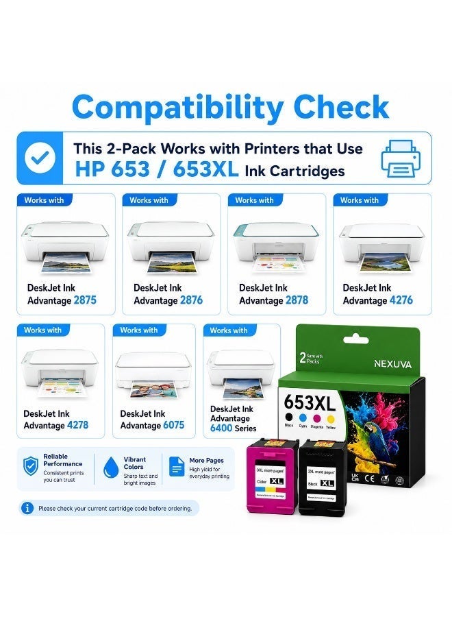 نيكسوفا خراطيش حبر NEXUVA متوافقة HP 653XL (أسود + ثلاثي الألوان، عبوة من قطعتين) متوافقة مع طابعات HP DeskJet Ink Advantage 6075 و6475 و6078 و6478 و6020 و6030 و6070 و6400 - Image 2