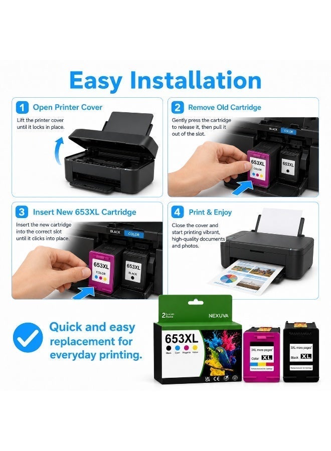 نيكسوفا خراطيش حبر NEXUVA متوافقة HP 653XL (أسود + ثلاثي الألوان، عبوة من قطعتين) متوافقة مع طابعات HP DeskJet Ink Advantage 6075 و6475 و6078 و6478 و6020 و6030 و6070 و6400 - Image 5