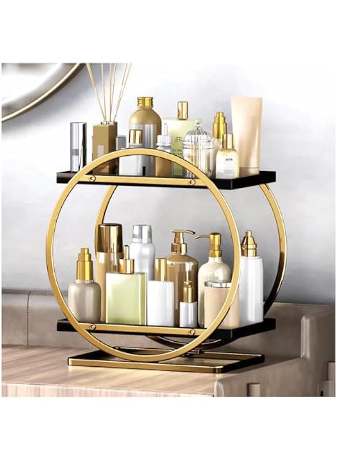 HOOKOR Makeup Organizer for Vanity, Black Gold Perfume Organizer for Dresser- 2 Tier Skincare Organizers Bathroom Countertop Organizer, Make Up Counter Shelf Cosmetic Display Tray (55-02) - Image 1