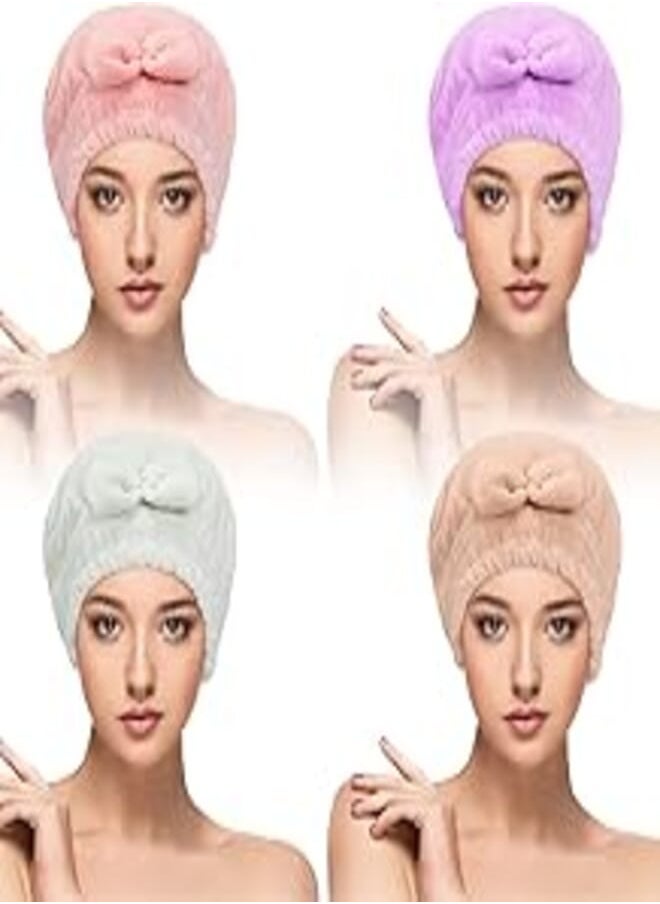 Sureio - 4 Pcs Microfiber Hair Drying Towels Fast Drying Shower Cap Ultra Absorbent Hair Turban Head Wrap with Bow Knot Plopping Towel for Women for Curly Long Thick Wet Hair - Image 1